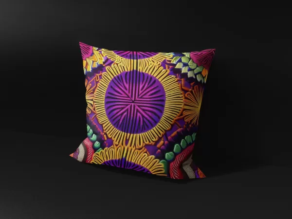 Side angle of Ndebele Nebula pillow cover, showcasing the depth of its colorful patterns.