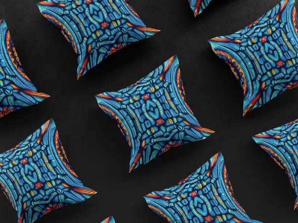 Nine Nile Sapphire Amulet Pillow Covers in a 3x3 grid, showcasing the vibrant design