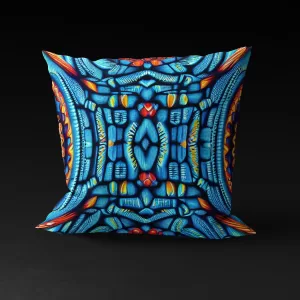 Nile Sapphire Amulet Pillow Cover with vibrant blue background and ornamental beads design