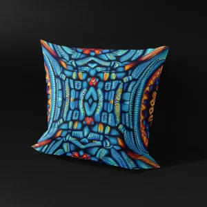 Side view of Nile Sapphire Amulet Pillow Cover showing multi-colored semicircles