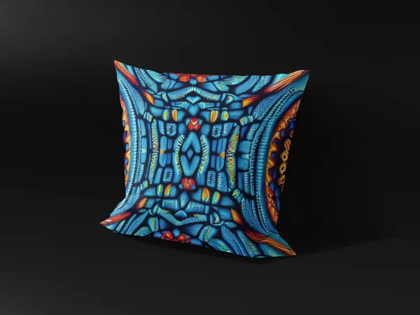 Side view of Nile Sapphire Amulet Pillow Cover showing multi-colored semicircles