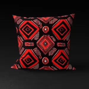 Omenala Rosette pillow cover featuring pyramid roses in black and white highlights on a red background.