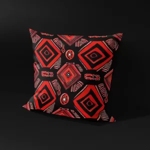 Side angle of Omenala Rosette pillow cover, showcasing the intricate design and vibrant red color.