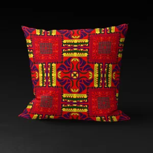 Pharaoh's Fantasy pillow cover featuring pyramid quadrants and regal motifs on a red background.