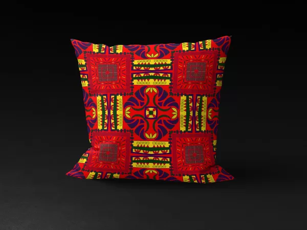 Pharaoh's Fantasy pillow cover featuring pyramid quadrants and regal motifs on a red background.