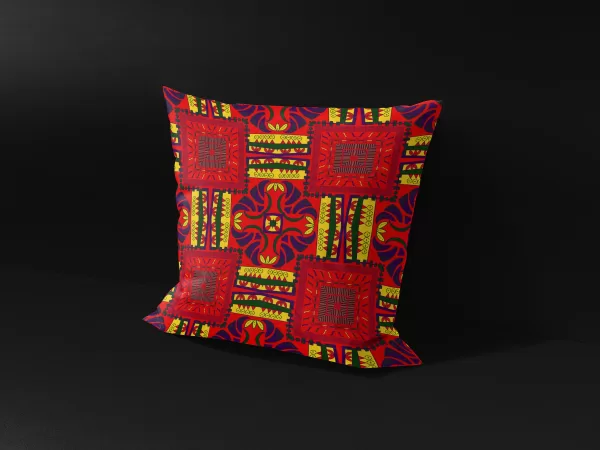 Side angle of Pharaoh's Fantasy pillow cover, showcasing its intricate patterns and vibrant colors.