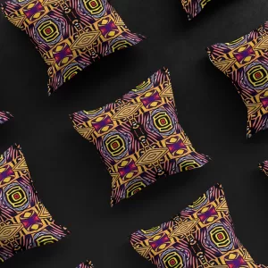3x3 grid of Saharan Mosaic Mirage pillow covers against a black background, displaying the consistent beauty and design of the luxurious, African-inspired product. Each cover features intricate geometric patterns on a warm yellow background with accents of pink, blue, white, and black.