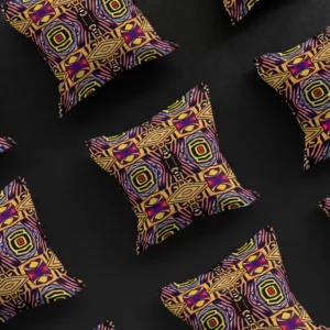 3x3 grid of Saharan Mosaic Mirage pillow covers against a black background, displaying the consistent beauty and design of the luxurious, African-inspired product. Each cover features intricate geometric patterns on a warm yellow background with accents of pink, blue, white, and black.