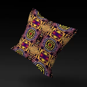 Saharan Mosaic Mirage pillow cover floating against a black background, highlighting its intricate geometric patterns of squares and diamonds on a warm yellow background with accents of pink, blue, white, and black.