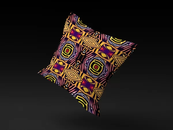 Saharan Mosaic Mirage pillow cover floating against a black background, highlighting its intricate geometric patterns of squares and diamonds on a warm yellow background with accents of pink, blue, white, and black.