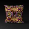 Front view of Saharan Mosaic Mirage pillow cover against a black background, featuring intricate geometric patterns of squares and diamonds on a warm yellow background with accents of pink, blue, white, and black.