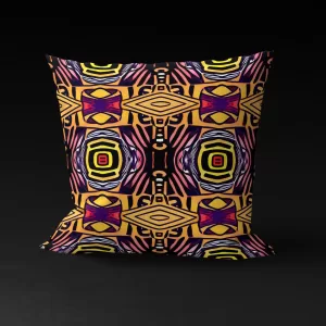 Front view of Saharan Mosaic Mirage pillow cover against a black background, featuring intricate geometric patterns of squares and diamonds on a warm yellow background with accents of pink, blue, white, and black.