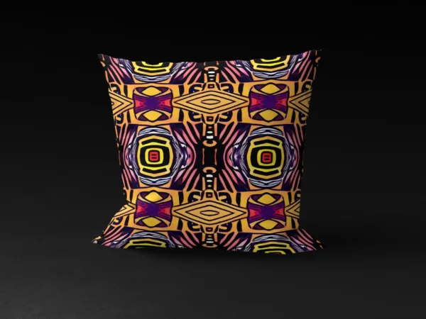 Front view of Saharan Mosaic Mirage pillow cover against a black background, featuring intricate geometric patterns of squares and diamonds on a warm yellow background with accents of pink, blue, white, and black.