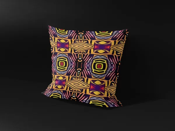 Side view of Saharan Mosaic Mirage pillow cover against a black background, showcasing the hidden zipper and premium fabric quality. The pillow cover has a warm yellow background with intricate geometric patterns.