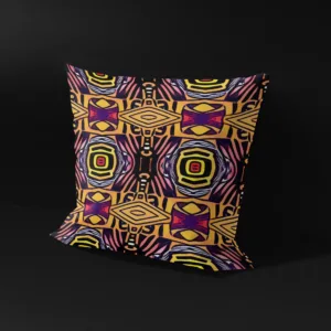 Side view of Saharan Mosaic Mirage pillow cover against a black background, showcasing the hidden zipper and premium fabric quality. The pillow cover has a warm yellow background with intricate geometric patterns.