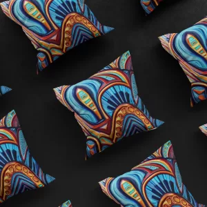 Nine Sankofa Soul Symphony pillow covers arranged in a 3x3 grid, emphasizing the intricate abstract designs.