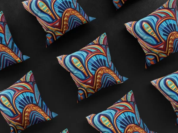 Nine Sankofa Soul Symphony pillow covers arranged in a 3x3 grid, emphasizing the intricate abstract designs.