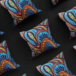 Nine Sankofa Soul Symphony pillow covers arranged in a 3x3 grid, emphasizing the intricate abstract designs.