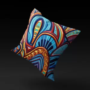 Sankofa Soul Symphony pillow cover floating in mid-air, highlighting its unique design elements like octopus tentacles and piano keys.