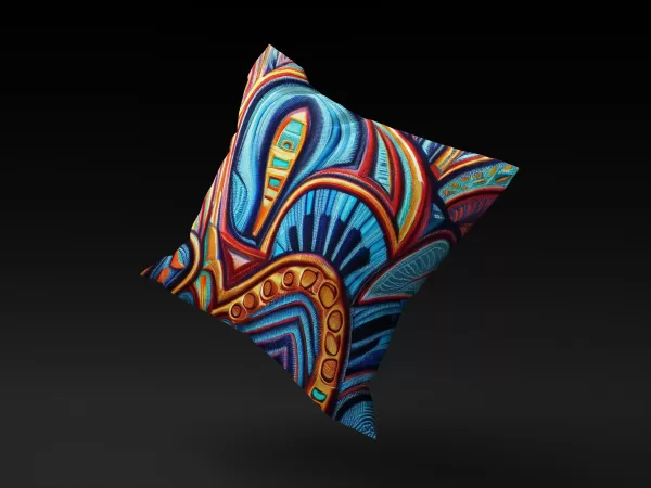 Sankofa Soul Symphony pillow cover floating in mid-air, highlighting its unique design elements like octopus tentacles and piano keys.