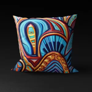 Front view of Sankofa Soul Symphony pillow cover, featuring abstract elements like a heart and bird beak on a blue background.