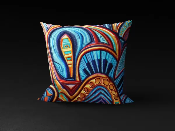 Front view of Sankofa Soul Symphony pillow cover, featuring abstract elements like a heart and bird beak on a blue background.