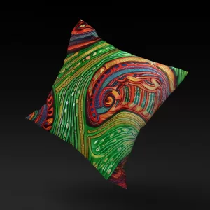 Savanna Splendor pillow cover floating against a neutral background, showcasing its lush green and vibrant swirls.