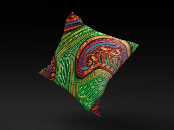 Savanna Splendor pillow cover floating against a neutral background, showcasing its lush green and vibrant swirls.