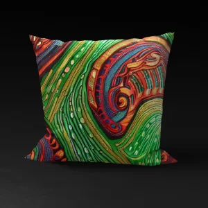 Front view of Savanna Splendor pillow cover featuring green background and vibrant swirls of red, orange, and blue.
