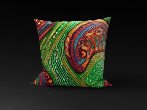 Front view of Savanna Splendor pillow cover featuring green background and vibrant swirls of red, orange, and blue.