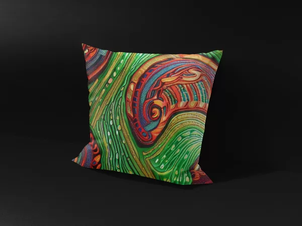 Side angle of Savanna Splendor pillow cover, highlighting the intricate stitching and vibrant colors.