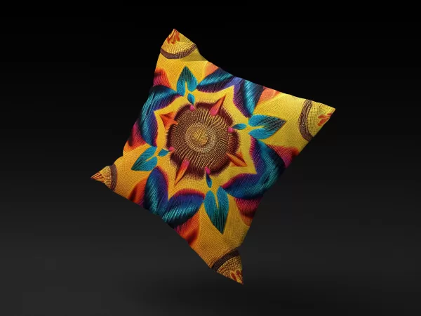 Tanzanian Dreamflower pillow cover floating against a black background, highlighting its sunflower-like center and vibrant petals.