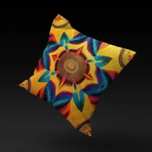 Tanzanian Dreamflower pillow cover floating against a black background, highlighting its sunflower-like center and vibrant petals.