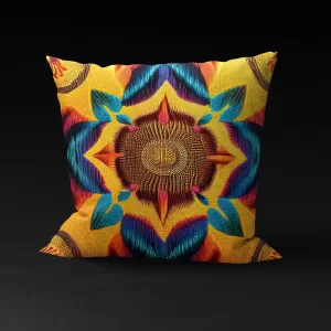 Front view of Tanzanian Dreamflower pillow cover against a black background, featuring a sunflower-like center and large petals in hues of blue, red, and fuchsia.