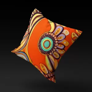 Ubuntu Daydream pillow cover floating against a neutral background, showcasing its vibrant orange hue and complex design.