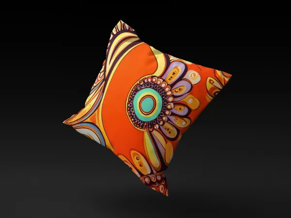 Ubuntu Daydream pillow cover floating against a neutral background, showcasing its vibrant orange hue and complex design.