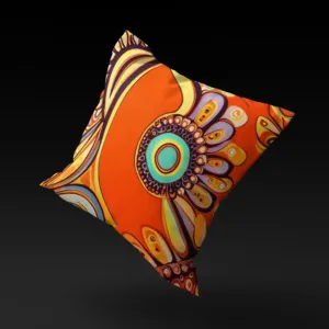 Ubuntu Daydream pillow cover floating against a neutral background, showcasing its vibrant orange hue and complex design.