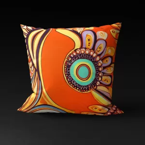 Ubuntu Daydream pillow cover featuring a design resembling a human cell and seed pods on an orange background.