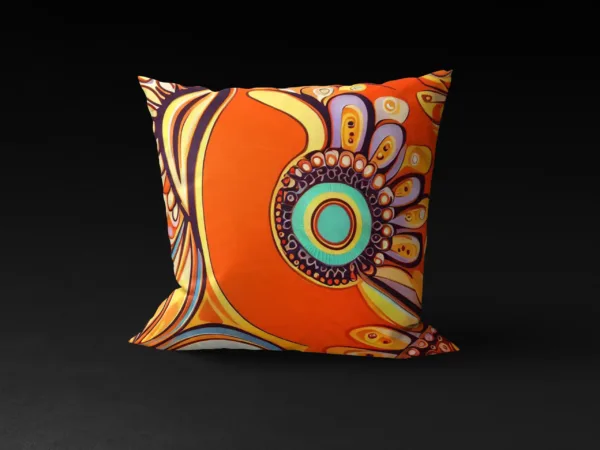 Ubuntu Daydream pillow cover featuring a design resembling a human cell and seed pods on an orange background.