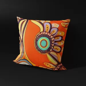 Side angle of Ubuntu Daydream pillow cover, highlighting the intricate patterns that form a face and hair.
