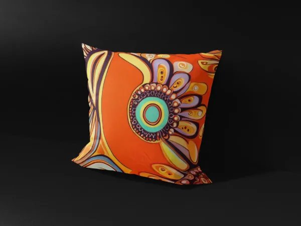 Side angle of Ubuntu Daydream pillow cover, highlighting the intricate patterns that form a face and hair.