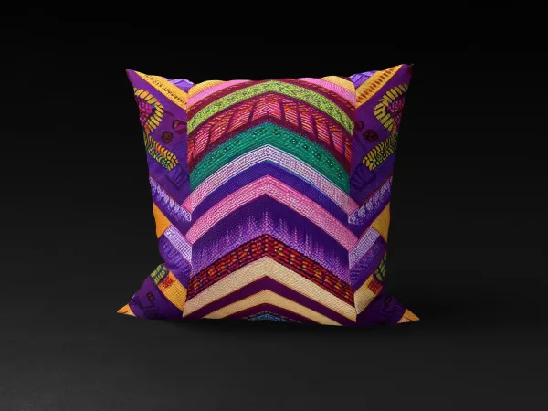 Venda Vibrance pillow cover featuring colorful central chevrons and intricate side patterns on a purple background.