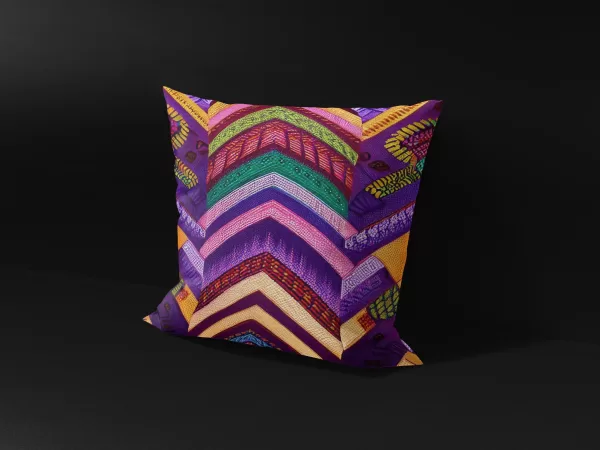 Side angle of Venda Vibrance pillow cover, showcasing the depth of its vibrant colors and patterns.