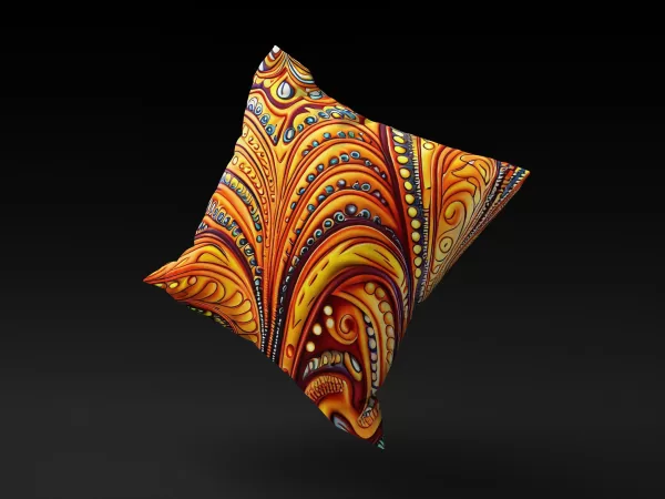 Yemoja's Oasis pillow cover appears to float, highlighting its vibrant orange background and intricate jewel-like designs.