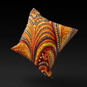 Yemoja's Oasis pillow cover appears to float, highlighting its vibrant orange background and intricate jewel-like designs.