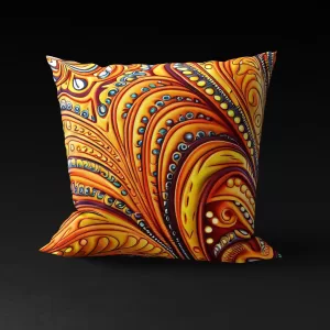 Front view of Yemoja's Oasis pillow cover featuring vibrant orange background and intricate water droplet-like jewels.