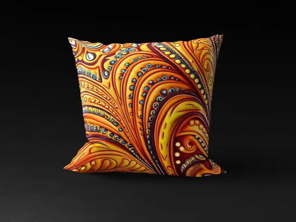 Front view of Yemoja's Oasis pillow cover featuring vibrant orange background and intricate water droplet-like jewels.