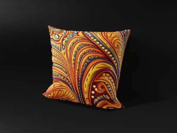 Side view of Yemoja's Oasis pillow cover, showcasing the intricate design and vibrant hues.