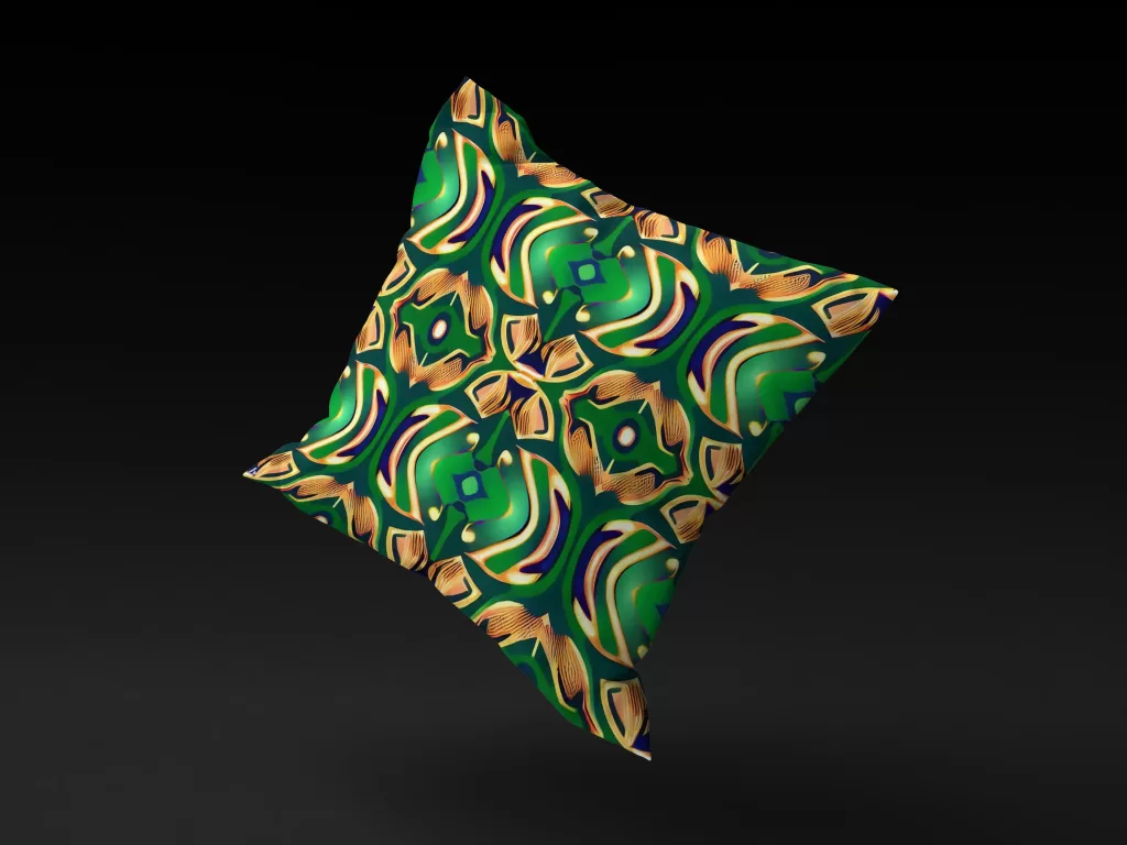Yoruba Elegance pillow cover floating against a neutral background, showcasing its lush green and intricate accents.
