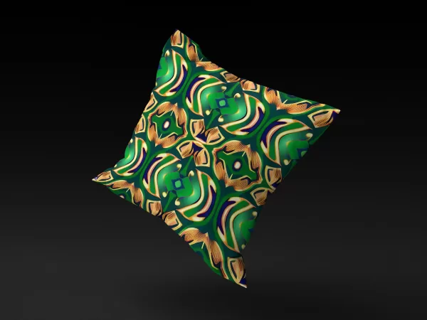 Yoruba Elegance pillow cover floating against a neutral background, showcasing its lush green and intricate accents.